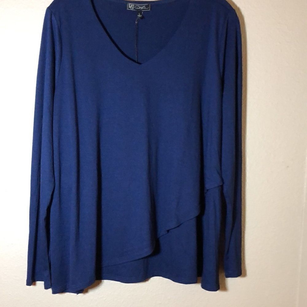 DG2 by Diane Gilman faux wrap long sleeve top in rich navy blue soft knit Size L - Picture 3 of 12